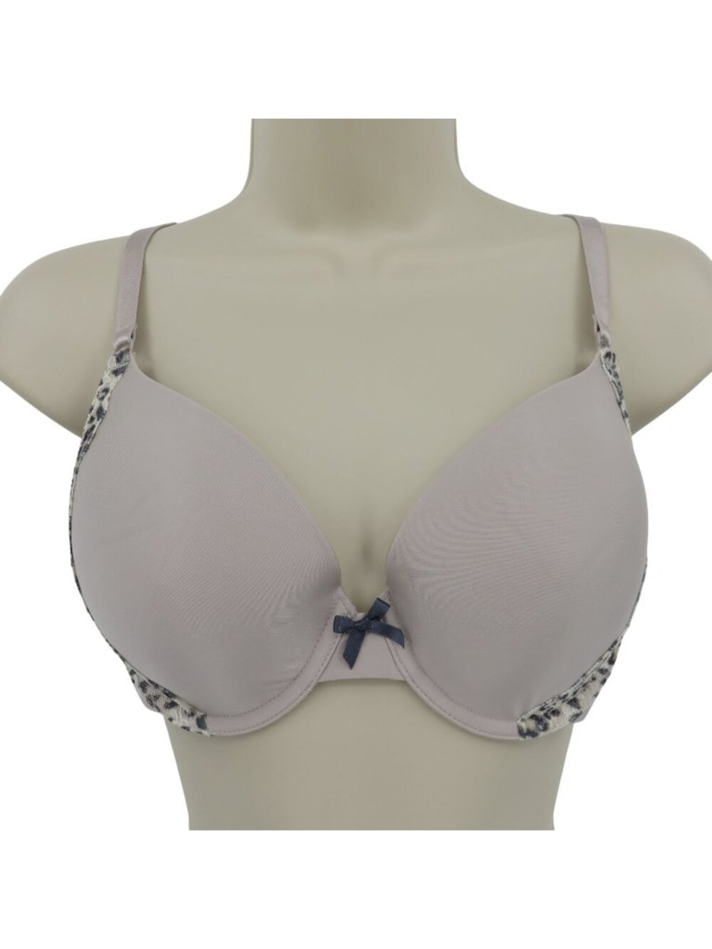Victorias Secret 34D Perfect Coverage Bra Underwire Lined Gray Leopard Lace Bow